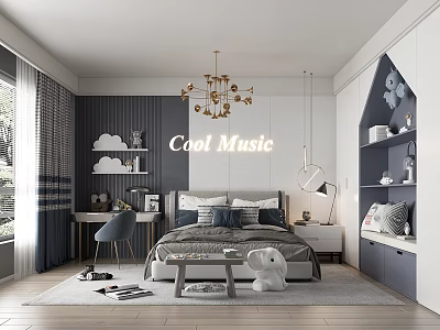 Kids Room Interior With Cool Music Decor Bed Shelves Chandelier And Rabbit Toy 3d model