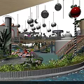 Indoor Playground With Hanging Spherical Lights Colorful Structures Slide Green Plants And Decorative Elements