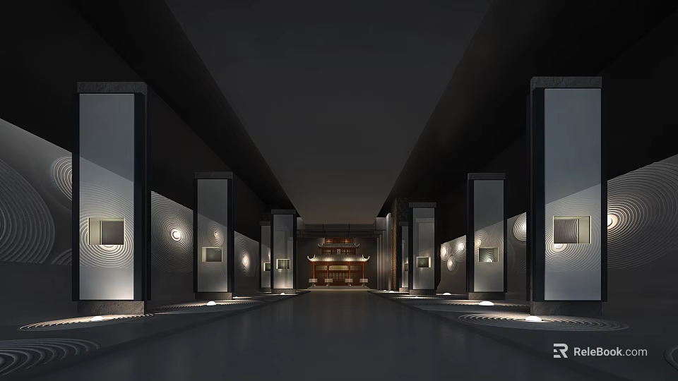 Spacious Elegant Indoor Hallway With Wall Artworks Side Columns Polished Floor And Warm Lighting 3d model 
