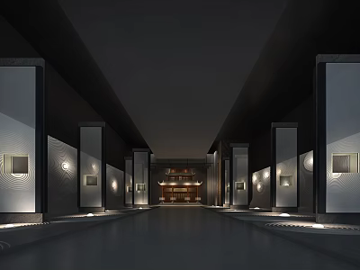 Spacious Elegant Indoor Hallway With Wall Artworks Side Columns Polished Floor And Warm Lighting 3d model
