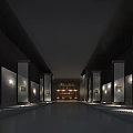 Spacious Elegant Indoor Hallway With Wall Artworks Side Columns Polished Floor And Warm Lighting