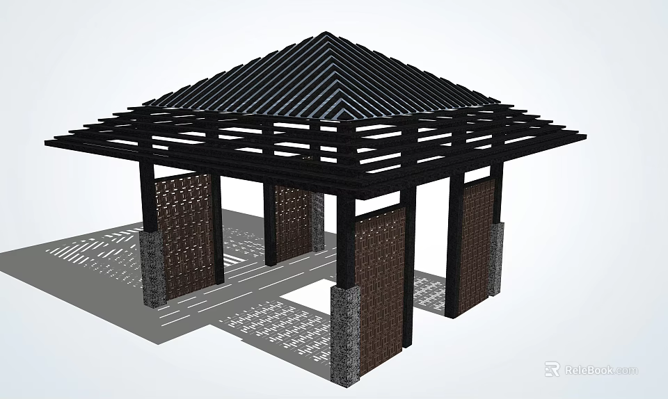 Black Roof Lattice Pavilion Design With Stone Columns And Outdoor Structure 3d model 