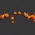 Cartoon Chick Characters in Yellow Outfits Red Combs Holding Walking Canes Gray Background Reflections