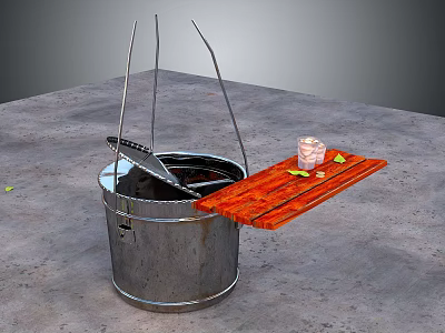Metal Bucket With Wooden Tray Holding Jar And Small Items As Household Items 3d model