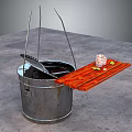 Metal Bucket With Wooden Tray Holding Jar And Small Items As Household Items