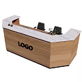 Wooden Reception Desk With White Countertop LOGO Black Chairs And Small Plant