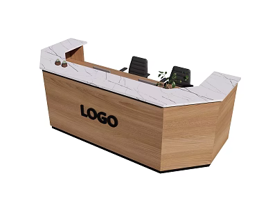 Wooden Reception Desk With White Countertop LOGO Black Chairs And Small Plant 3d model