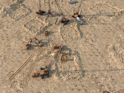 Active Construction Site With Multiple Cranes And Excavators Working On Sandy Ground Foundation Project 3d model