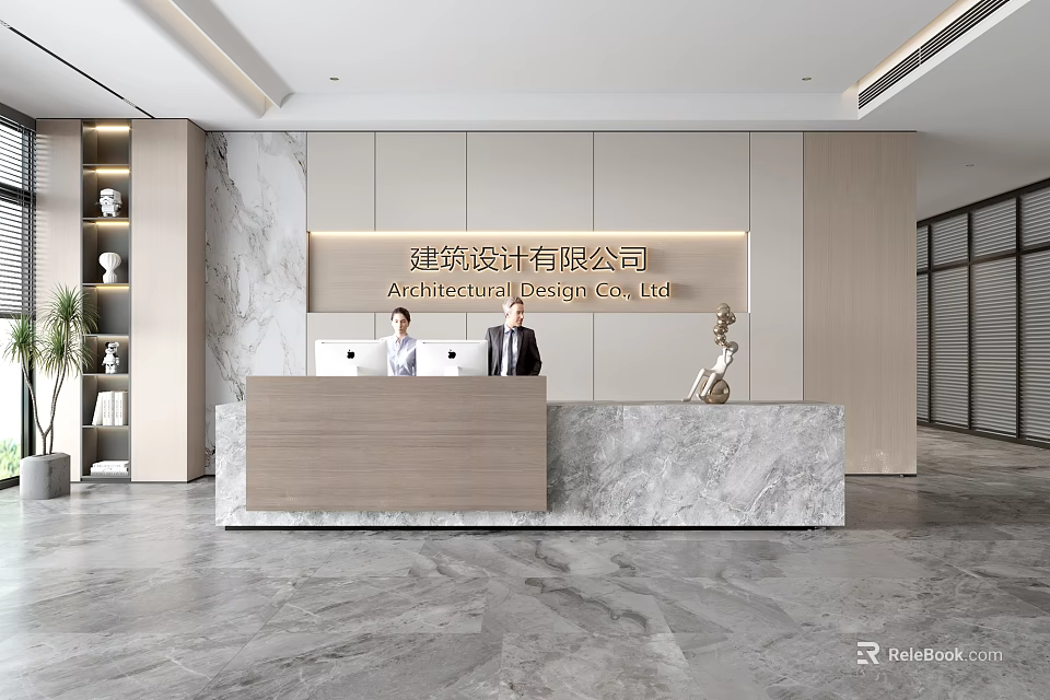 Modern Front Desk Reception In Spacious Lobby With Marble Countertop And Company Logo 3d model 