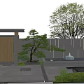 Modern Entrance Gate Design With Wooden Panel Gray Wall Pine Tree And Water Feature
