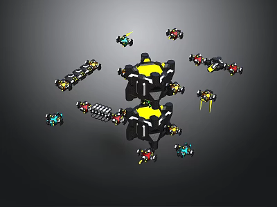 Mechanical Characters With Central Black Yellow Structure And Surrounding Colorful Small Creatures 3d model