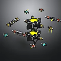 Mechanical Characters With Central Black Yellow Structure And Surrounding Colorful Small Creatures