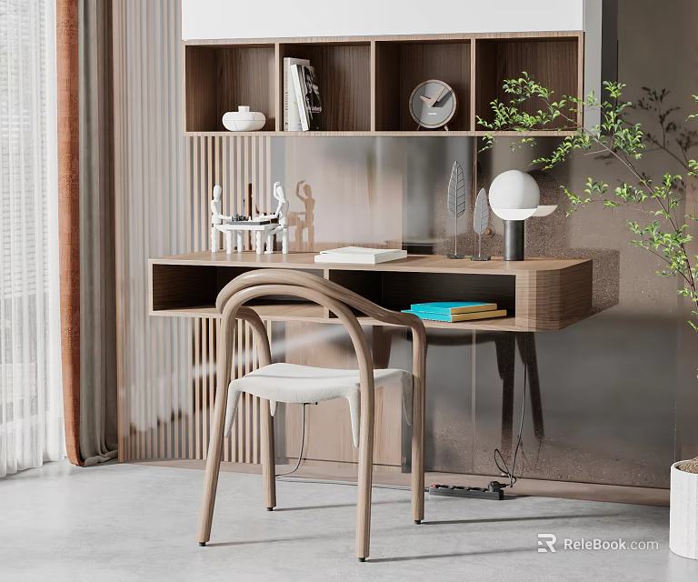 Modern Wooden Desk Interior With Bookshelf Books Clock Decorative Items And Upholstered Chair 3d model 