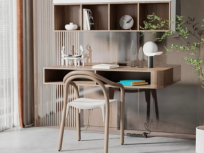 Modern Wooden Desk Interior With Bookshelf Books Clock Decorative Items And Upholstered Chair 3d model