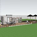 Container Building Coffee Shop With Outdoor Seating Lawn Trees And Pergola