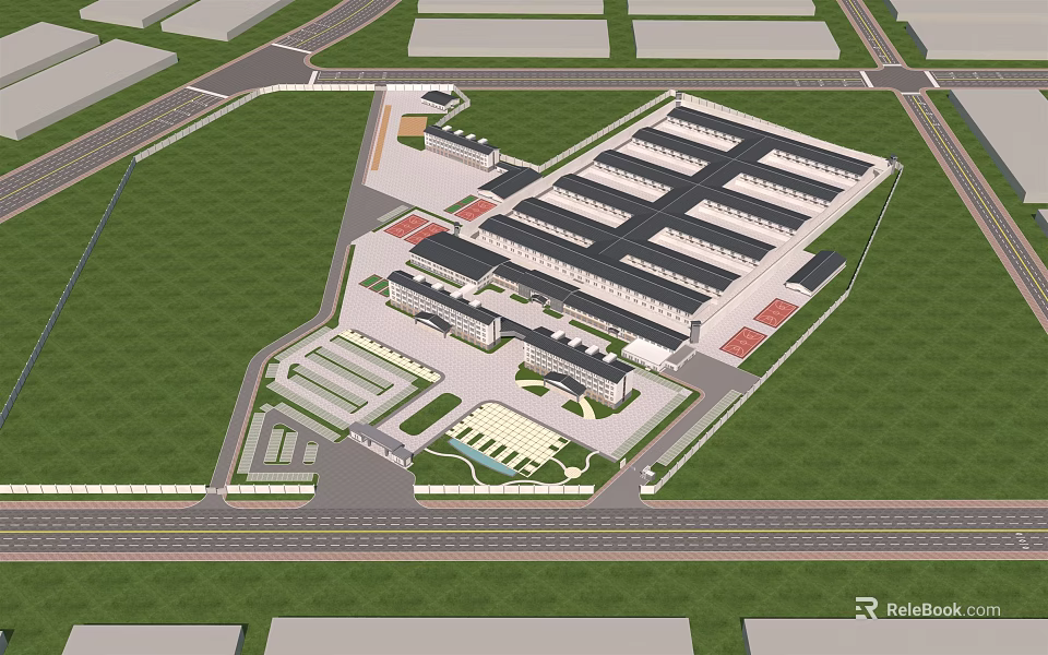 Well Designed Modern Office Building Complex With Landscaped Green Areas Parking And Roads 3d model 