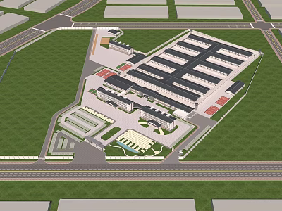 Well Designed Modern Office Building Complex With Landscaped Green Areas Parking And Roads 3d model
