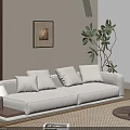 White Sectional Sofa in Bright Living Room with Framed Artwork Green Plant and Window Blinds