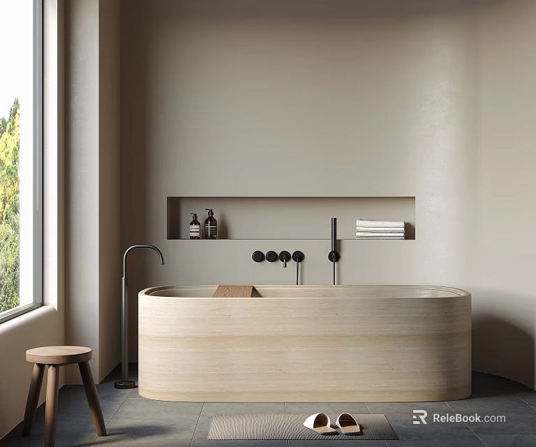 Wooden Bathtub in Modern Bathroom with Window Stool and Niche Holding Toiletries Towels 3d model 
