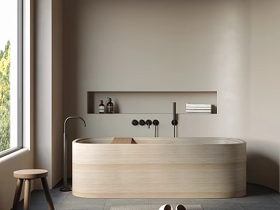 Wooden Bathtub in Modern Bathroom with Window Stool and Niche Holding Toiletries Towels 3d model