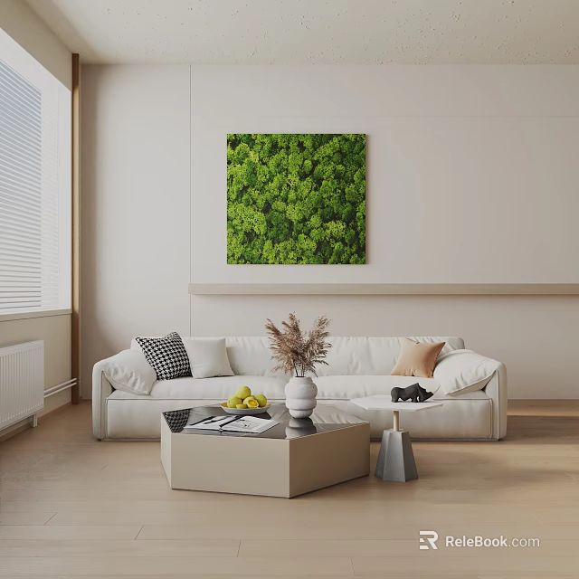 White Three Seater Sofa In Modern Living Room With Green Leaf Painting And Coffee Table 3d model 