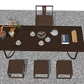 Traditional Wooden Tea Table with Chairs Stools Tea Sets Vase and Books