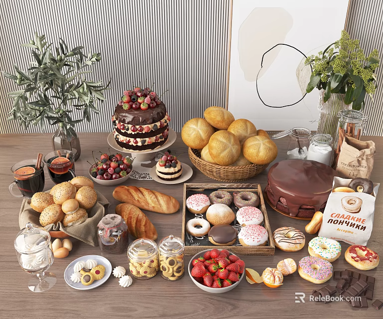 Assorted Fresh Baked Foods Display with Cake Bread Donuts Strawberries and Chocolate 3d model 