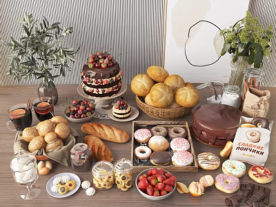 Assorted Fresh Baked Foods Display with Cake Bread Donuts Strawberries and Chocolate 3d model
