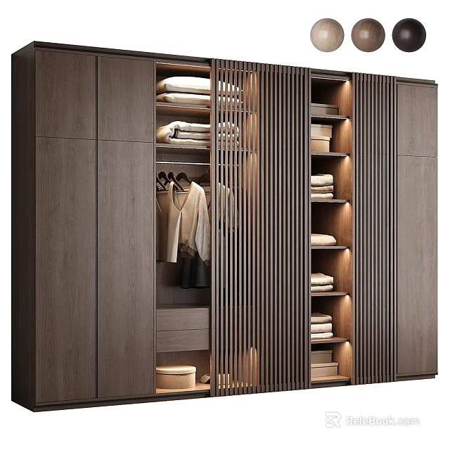 Modern Wooden Wardrobe Interior With Slatted Panels Hanging Garments Built in Lighting And Folded Clothes 3d model 