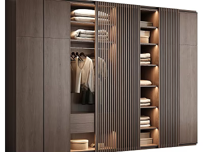 Modern Wooden Wardrobe Interior With Slatted Panels Hanging Garments Built in Lighting And Folded Clothes 3d model