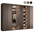 Modern Wooden Wardrobe Interior With Slatted Panels Hanging Garments Built in Lighting And Folded Clothes