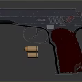 Detailed Pistol Displaying Red Grip 9MM Caliber Metallic Surface And Bullets
