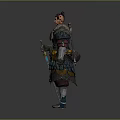 Man In Traditional Ancient Warrior Armor Holding Sword Standing On Neutral Background