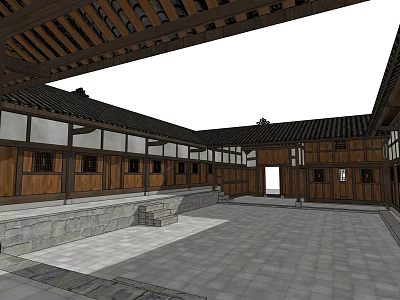 Traditional Chinese Courtyard With Wooden Structures Tile Roofs And Stone Flooring 3d model