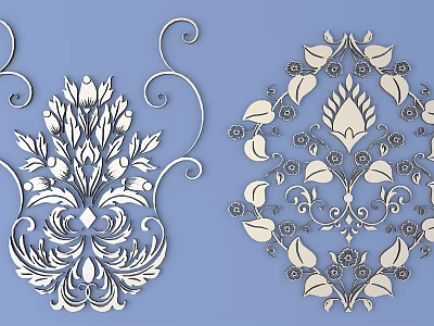 Intricate Carved Floral Motifs With Curved Vines And Symmetrical Designs On Blue Background 3d model