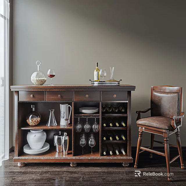 Classic Wooden Sideboard With Wine Bottles Glasses Tableware And Leather Chair 3d model 