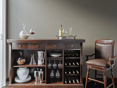 Classic Wooden Sideboard With Wine Bottles Glasses Tableware And Leather Chair 3d model