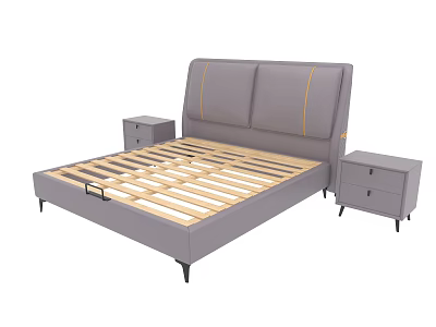 Modern Gray Double Bed With Yellow Stitching Frame Wooden Slats And Nightstands 3d model