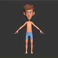 3D Cartoon Boy With Brown Short Hair And Blue Shorts Barefoot Arms Outstretched Dark Background