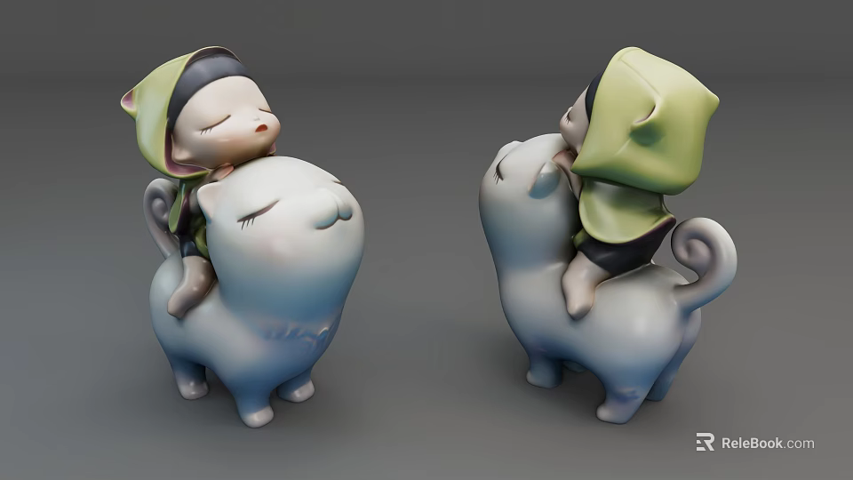 Adorable Child Riding Blue Cat Figurine With Green Hooded Outfit Decorative Toy 3d model 