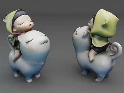 Adorable Child Riding Blue Cat Figurine With Green Hooded Outfit Decorative Toy 3d model