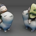 Adorable Child Riding Blue Cat Figurine With Green Hooded Outfit Decorative Toy
