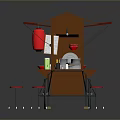 Wooden Street Food Cart With Red Canopy Countertop Red Stools And Wheels