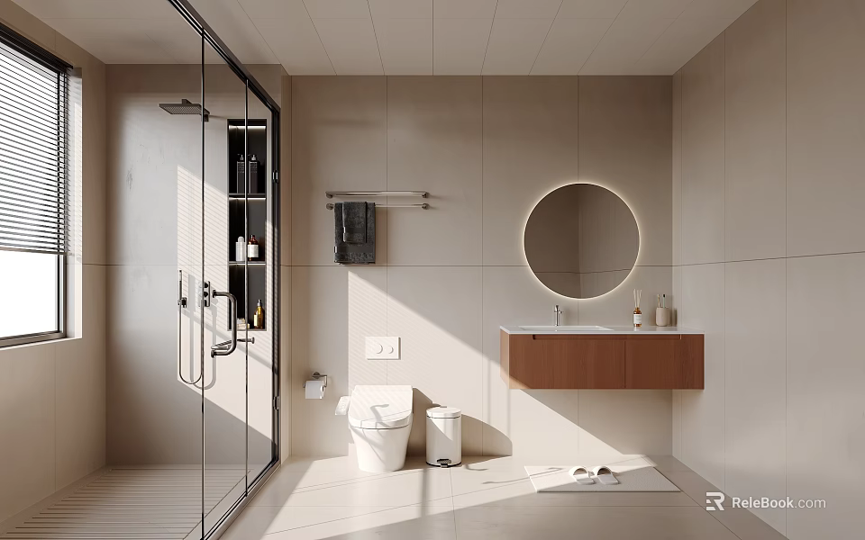 Modern Bathroom Interior With Glass Shower Light Beige Tiled Walls Round Mirror And Wooden Vanity 3d model 