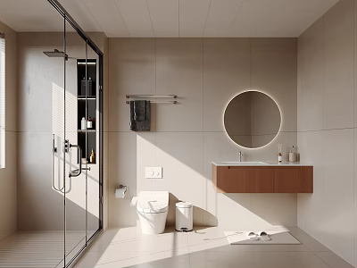 Modern Bathroom Interior With Glass Shower Light Beige Tiled Walls Round Mirror And Wooden Vanity 3d model