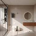 Modern Bathroom Interior With Glass Shower Light Beige Tiled Walls Round Mirror And Wooden Vanity
