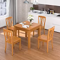 Wooden Dining Table Set With Four Chairs Vase And Tableware In Kitchen 3d model
