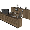 Wooden Office Desk Setup With Computer Chair Filing Cabinet And Decorations