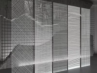 Modern Interior Room Divider Design With Wire Grid Lines And Light Effects 3d model