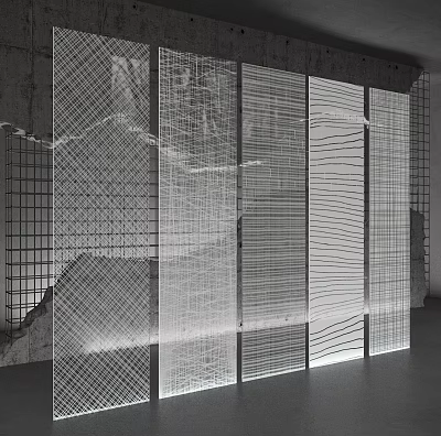 Modern Interior Room Divider Design With Wire Grid Lines And Light Effects 3d model